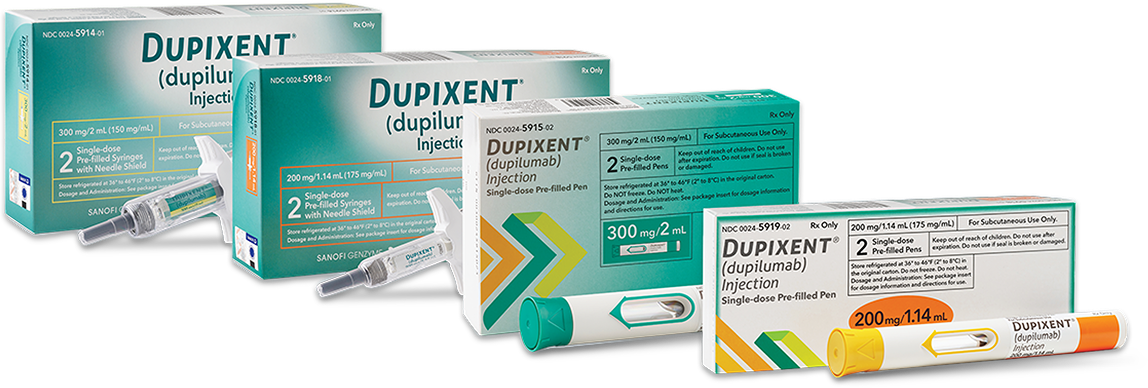 Dupixent® (dupilumab) 200mg or 300mg pre-filled pen and syringe packaging