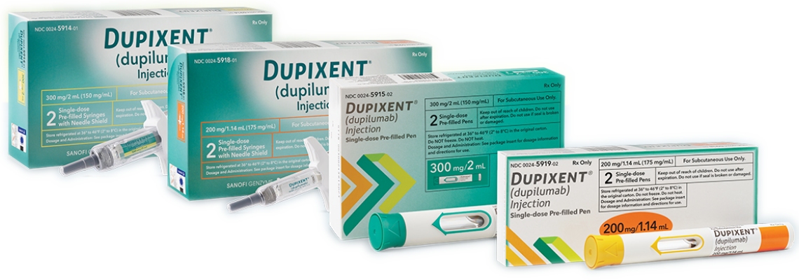 Dupixent® (dupilumab) 200mg or 300mg pre-filled pen and syringe packaging